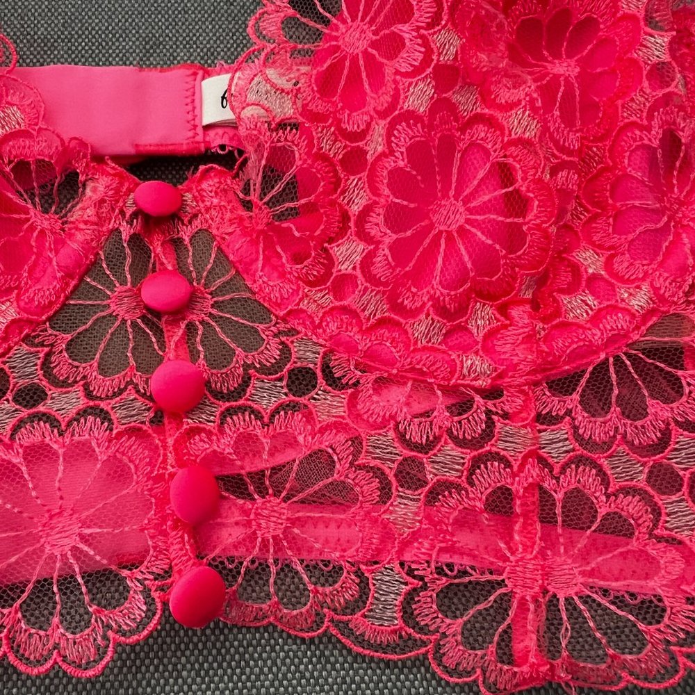 For Love & Lemons Sheer Daisy Lace Bra Hot Pink/Coral VS - Picture 6 of 11